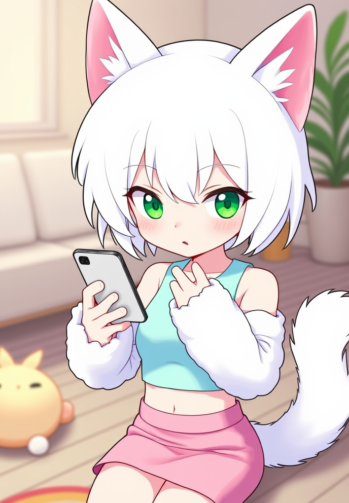Character 0 is Whiskers, description: A young anthropomorphic cat girl with soft, white fur covering her body. She has large, expressive green eyes, pink triangular ears, and a long, fluffy tail. Whiskers wears a pastel blue crop top and a pink skirt..
Whiskers attempts to use a human-sized smartphone with her furry paw-like hands. She looks confused and frustrated. The smartphone appears large in her small paws. The background shows a living room with cat toys scattered around, anime style with soft pastel color and soft lighting