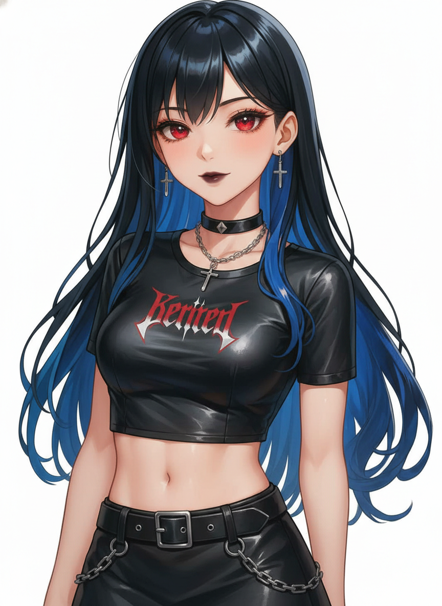 1girl, 609404519_888218827032191_5171398324887076802_n, 609541642_1808442519860440_5216627748398831092_n, 610154346_851529247590059_4808140702625957654_n, 614690401_1312114874312112_3591882319000473518_n, 611609315_882680090785202_591893486023311668_n, 610972639_2114702652631451_9147080447231309368_n, 609375208_1377129110868831_6543589013868539692_n, 612144428_804023806013555_7921134605094883083_n, 609250211_1843425239618080_1811452448848358217_n, solo, long_hair, black_hair, blue_highlights, hair_highlight, straight_hair, red_eyes, glowing_eyes, petite, beautiful, attractive, fair_skin, glowing_skin, luminous_skin, young_woman, relaxed_pose, confident_expression, calm, composed, alluring, urban_gothic, modern_fantasy, streetwear, cropped_t-shirt, music_t-shirt, black_leather_skirt, fitted_skirt, choker, earrings, chain_belt, cross_jewelry, sleek_clothing, leather, satin, high_gloss_fabric, elegant, single character, full body, looking at viewer, anime style, simple background, white background