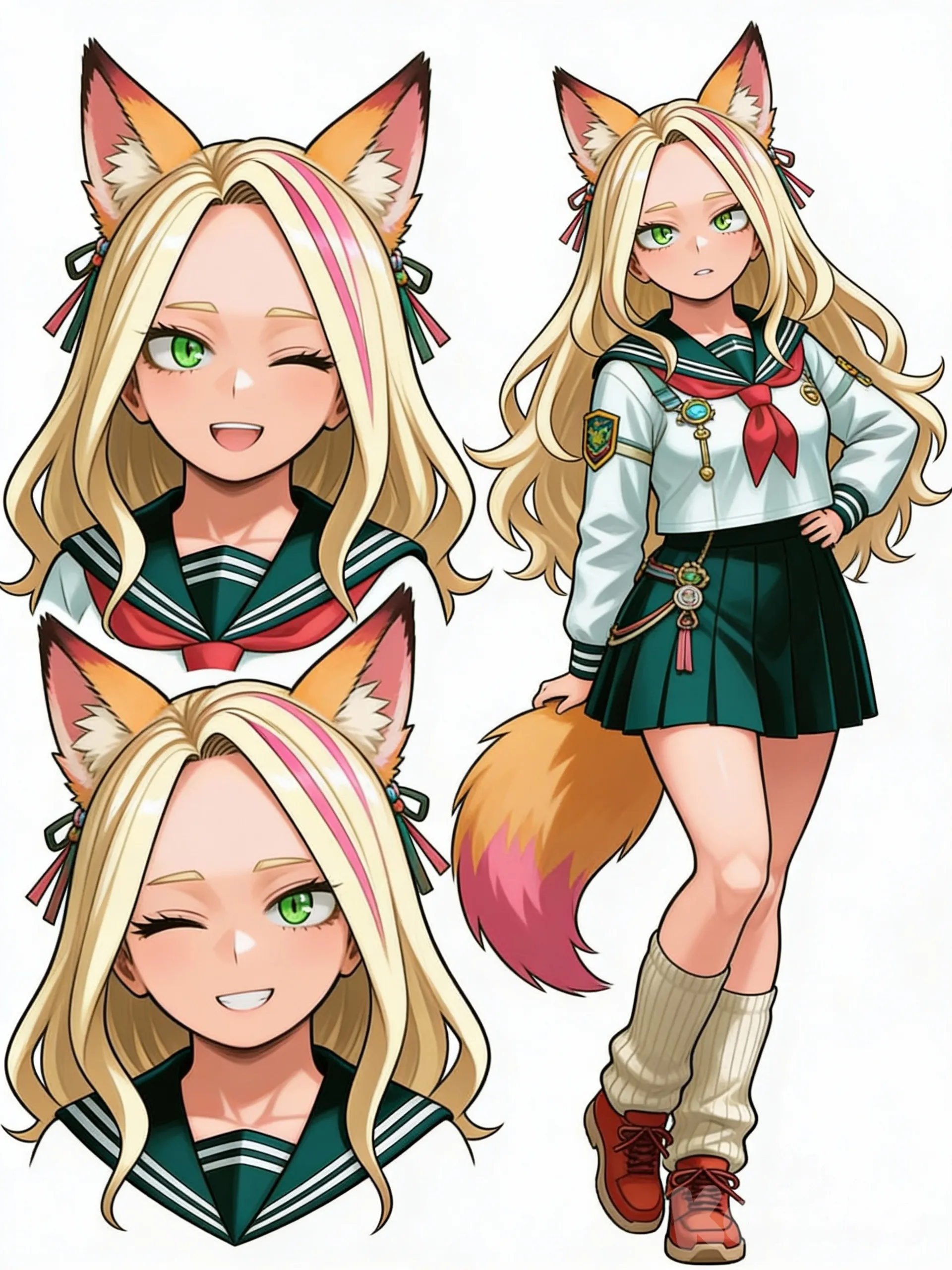 1girl,My Hero Academia), anime-style, highly anime art, 
1girl, style My hero academia, a girl with green eyes , long wavy blonde hair with pink stripes, cute Japanese school uniform like a reference ,pose is cute , there are fox hair-colored ears and a hair-colored tail, and accessories, pure white background,in the background, she should stand in the same pose with her full height on the right, and there should be two portraits of her on the left (only her head with cute emotions)