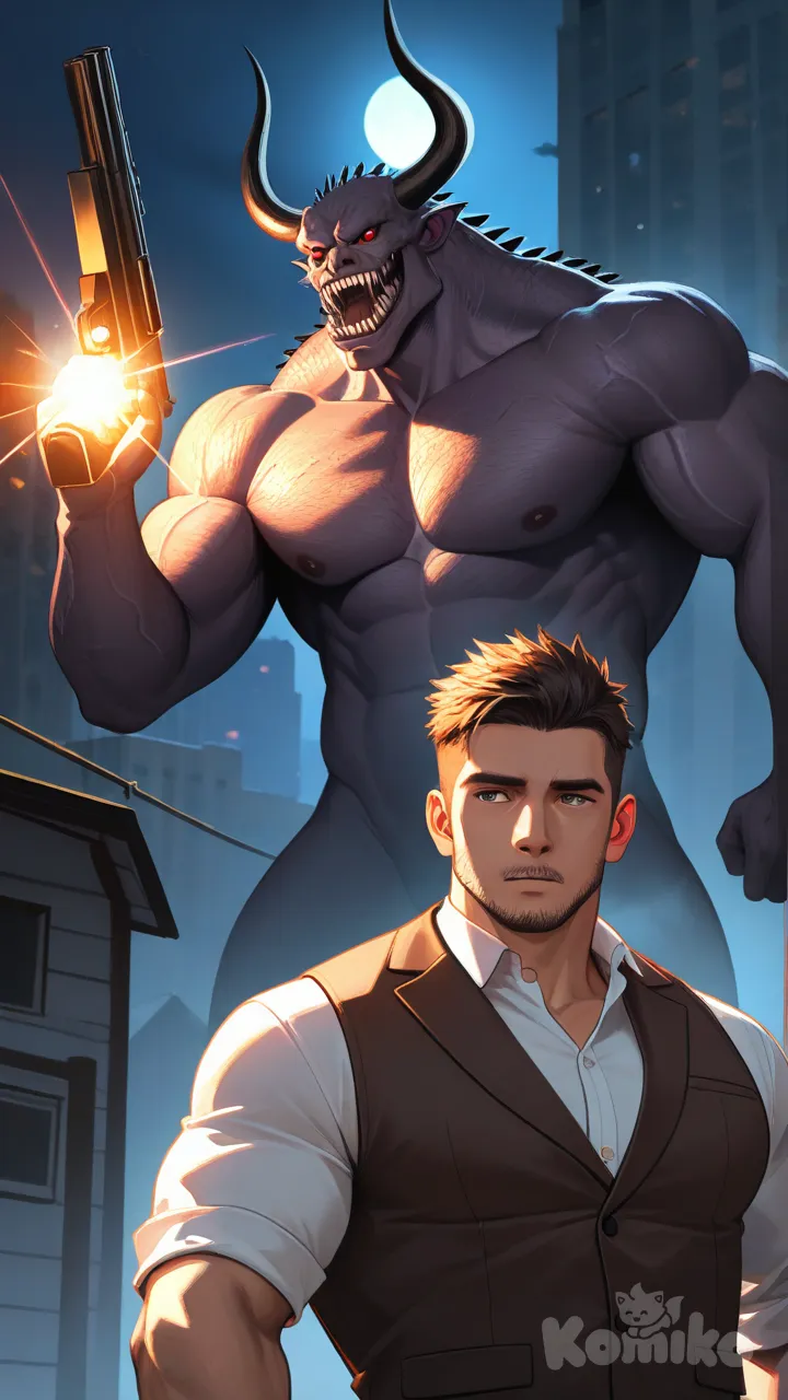 1boy, anime coloring, pixel art, holding gun, vest, monster, monster boy, muscular, muscular male, bara, ambient light, upper body