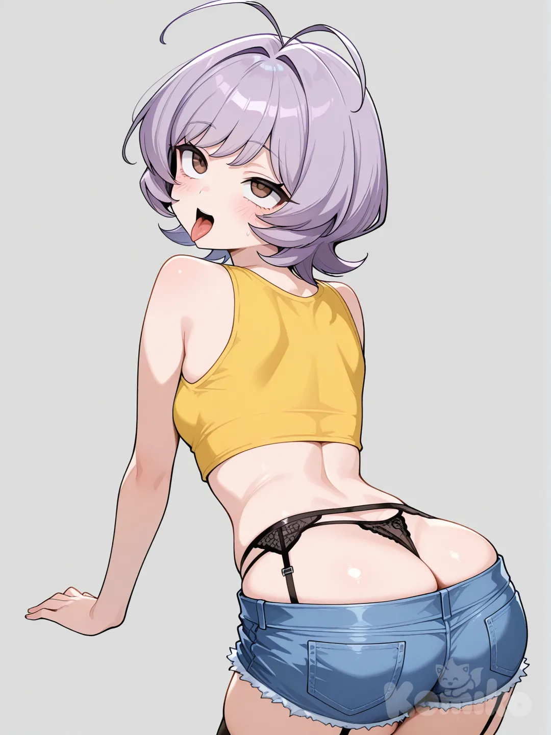 osana najimi (komi-san wa komyushou desu),short hair, brown eyes, purple hair, hair intakes, antenna hair, small breasts,crop top, off the shoulders, sleeveless, jean shorts, official style, anime, 1girl, yellow short shirt, garter of thong on hips, loose clothing, ass, looking back, tongue out