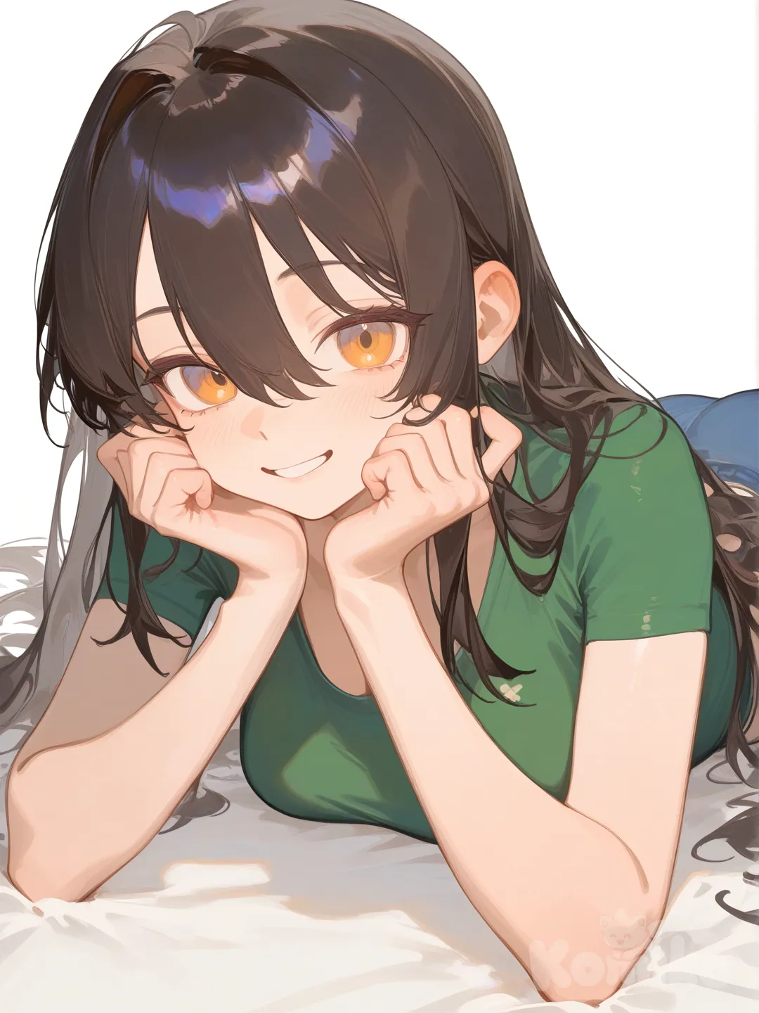 19
, [soft-shading-style], lie on stomache, smile, henley shirt, white background