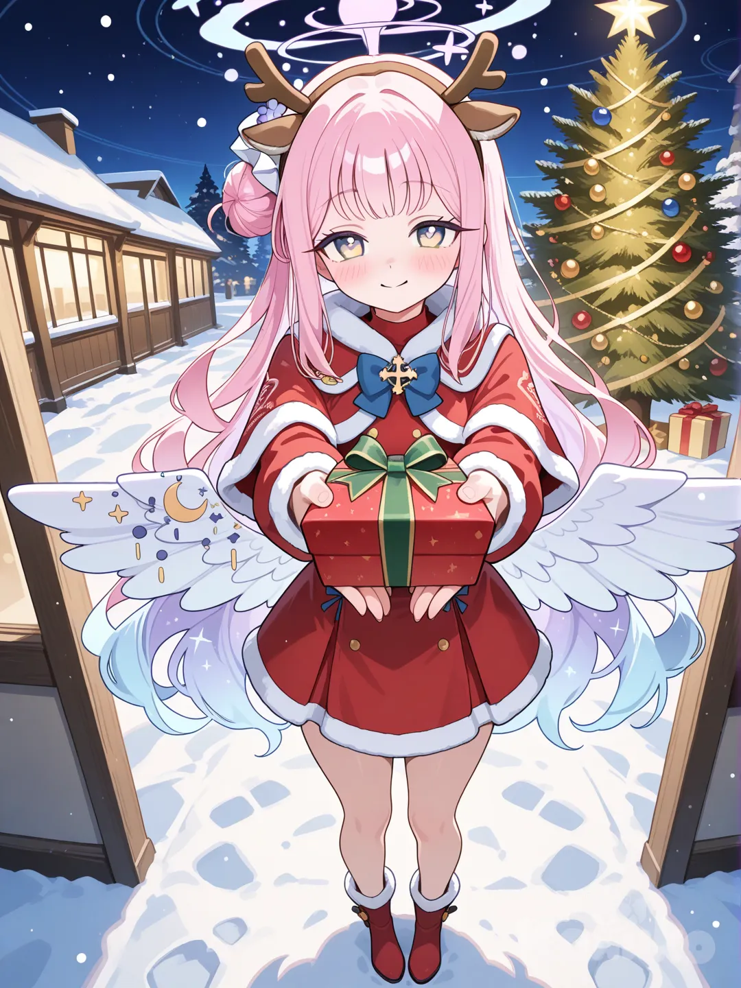 mika (blue archive)
在下雪的戶外，穿著聖誕風格的衣服，頭上戴著馴鹿的頭飾，在聖誕樹前，雙手拿出聖誕禮物盒遞向鏡頭，雙眼深情的對著鏡頭微笑。