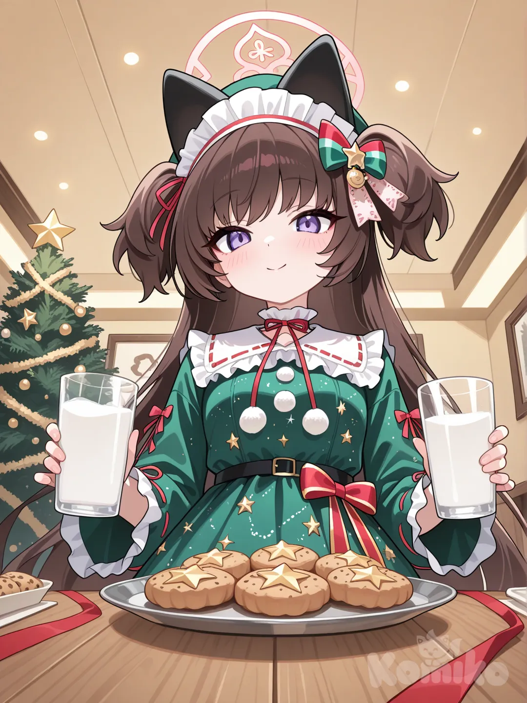shizuko (blue archive)
穿著外型類似聖誕樹的洋裝，衣服上綁著數個紅色緞帶，頭上戴著尾端變成金色五角星的聖誕帽。在餐廳內拿著上面有餅乾和牛奶的托盤，放到鏡頭前的桌上。