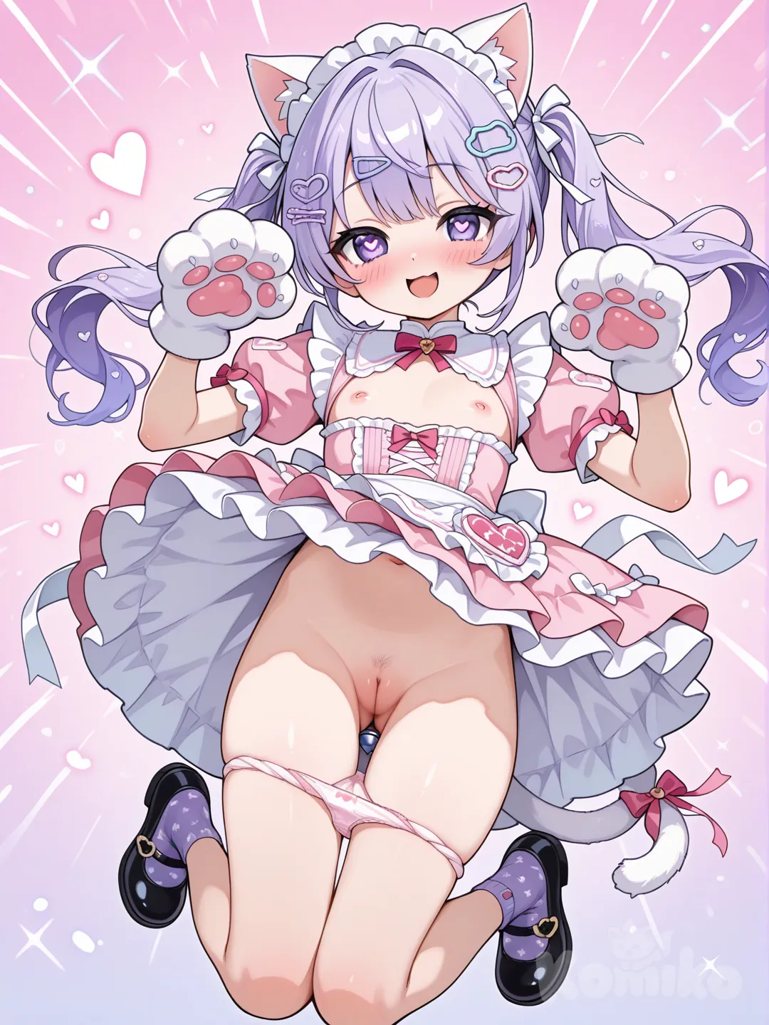 紫髮雙馬尾蘿莉，平胸，紫色愛心眼，貓耳頭飾，許多小蝴蝶機和愛心頭飾，貓尾巴肛塞，穿著可愛粉色洋裝、偶像鞋、紫色有愛心圖案的短絲襪。跳起來做出模仿貓咪的動作，少女風格的內褲被拉下到左大腿，洋裝隨著跳躍的動作掀起，露出光滑的嬌小陰部。