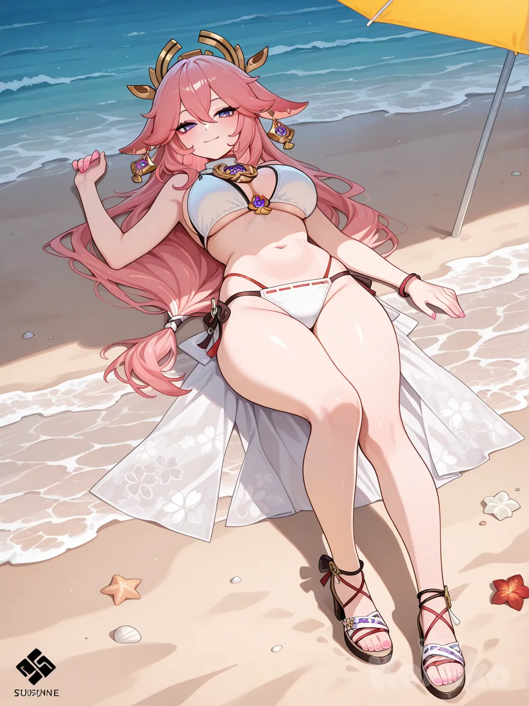 yae miko, 1girl, beach, sunshine, curvy body, long hair, full body, summer, little smile, white bikini, lying on the sand, pink nails, wood heels