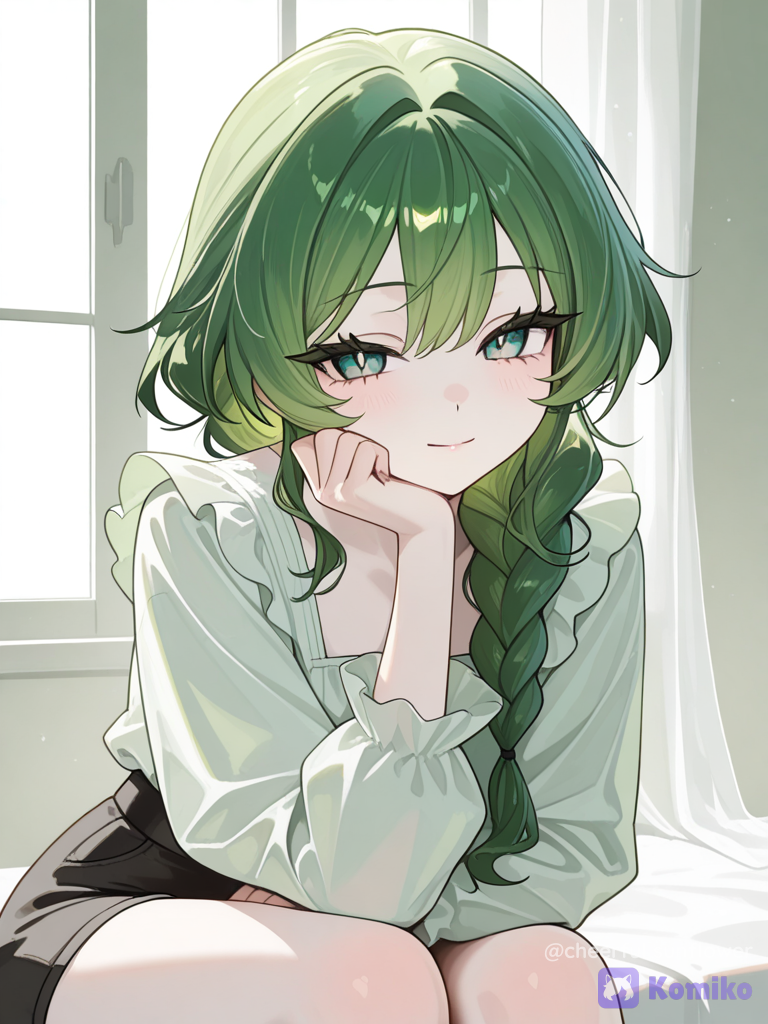 Green hair, one long braid, emerald green eyes, long lashes, feminin frame, blouse, black shorts