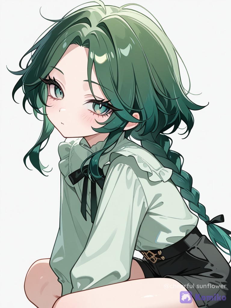 Green hair, one long braid, emerald green eyes, long lashes, feminin frame, blouse, black shorts, androgynous face, in