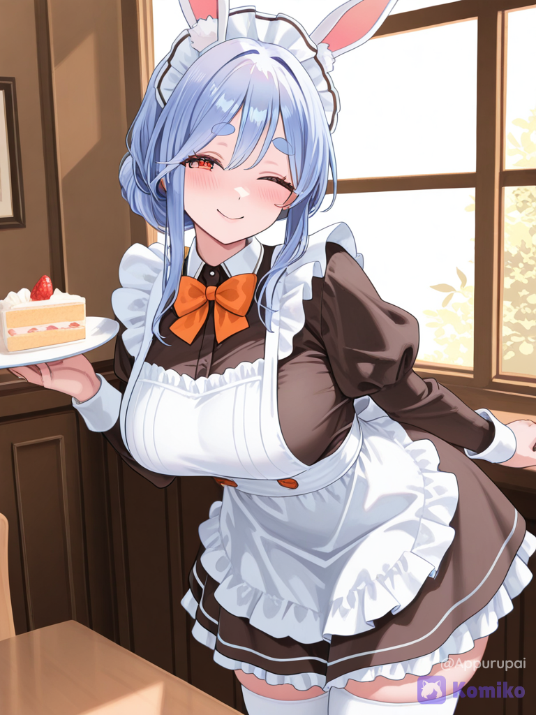 [soft-luminous-anime-style], @Pekomama, short maid dress, headshot, winking to viewer, soft blush, smile, white thighhighs, hair bun, holding dessert, cafe, rim light