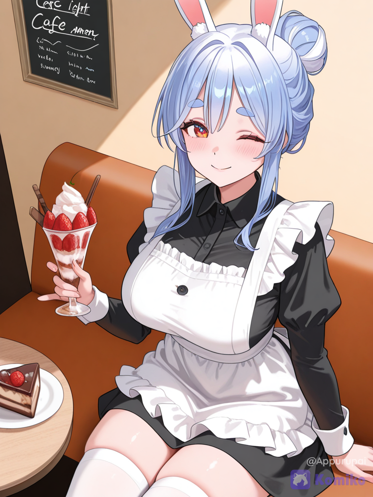[soft-luminous-anime-style], @Pekomama, short maid dress, headshot, winking to viewer, soft blush, smile, white thighhighs, hair bun, holding dessert, cafe, rim light