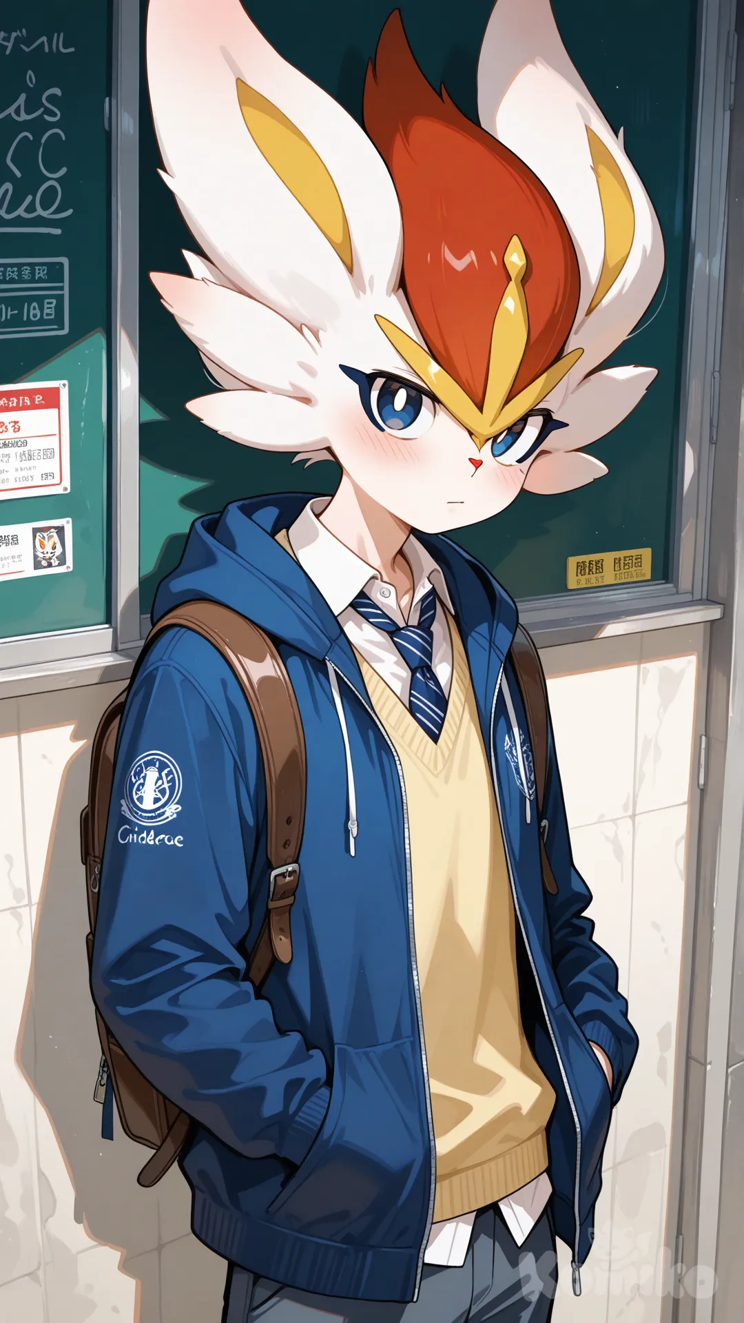 Cinderace[pokemon], blue eyes ,1boy, teenager, slim, casual pants, school vest, hoodie