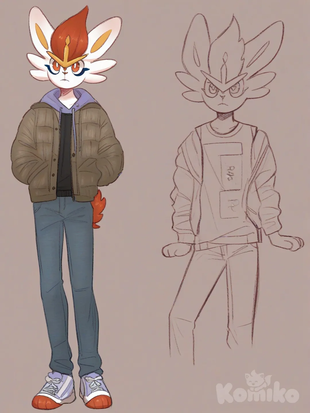 [soft-shaded-moe-style] 1boy, cinderace_(pokemon), slim, tall, blue_eyes, school_vest, hoodie, t-shirt, casual_pants, down_jacket, school_uniform, single character, full body, looking at viewer, anime style, simple background, white background