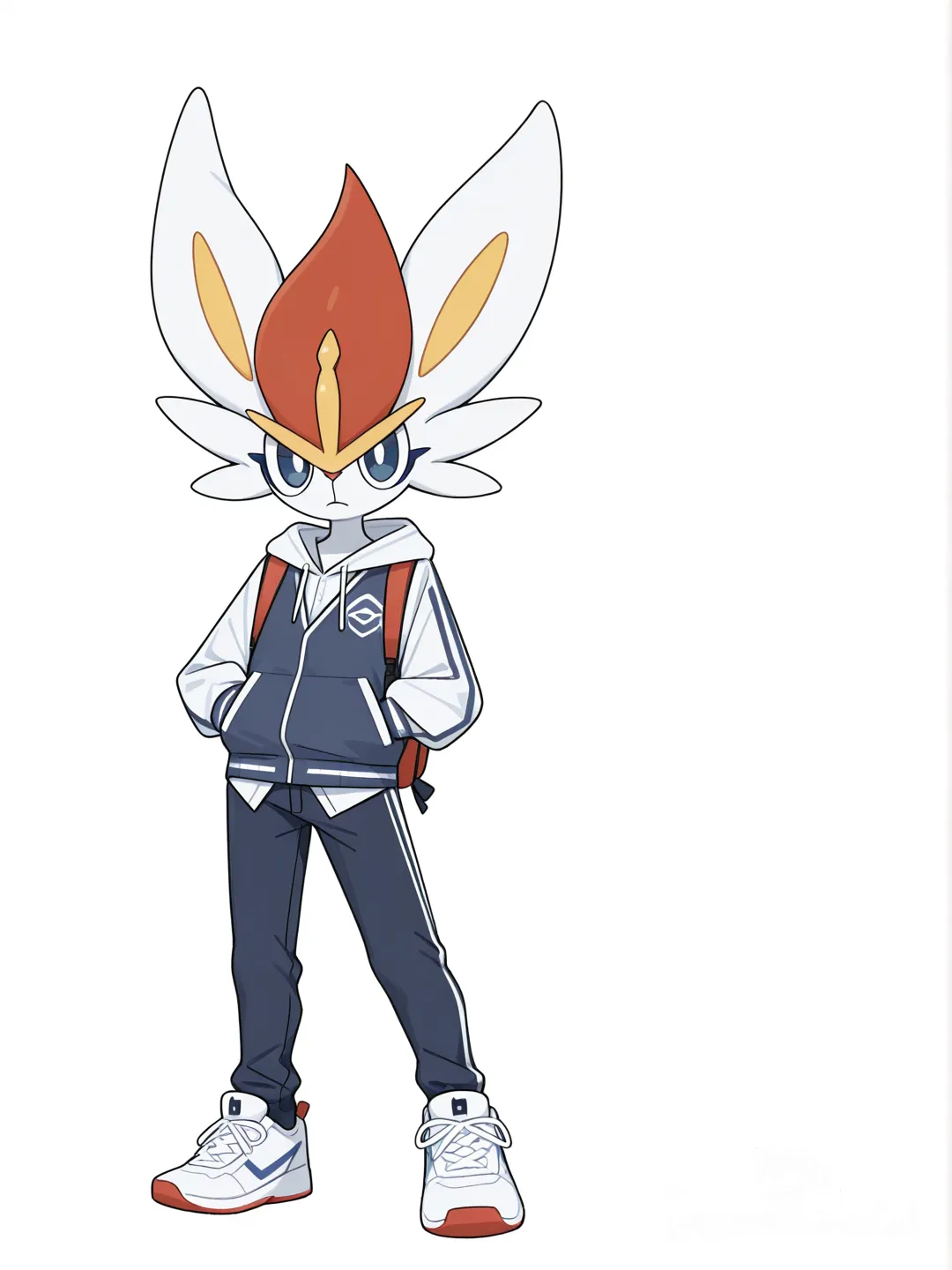 [toon-shaded-style] 1boy, cinderace_(pokemon), blue_eyes, teenager, slim, school_vest, hoodie, school_uniform, single_character, full_body, looking_at_viewer, anime_style, simple_background, white_background