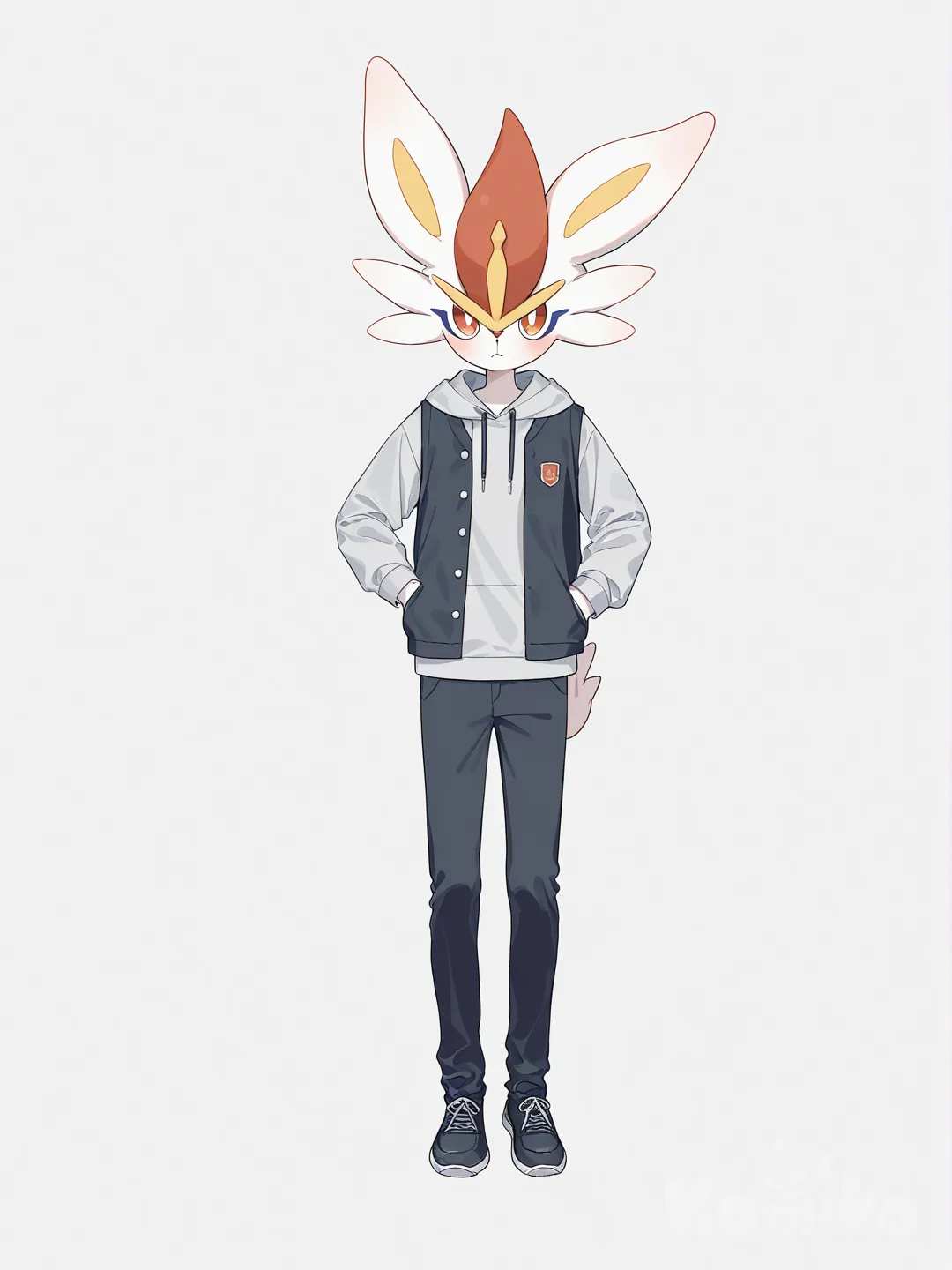 [soft-pastel-style] 1boy, cinderace_(pokemon), blue eyes, teenager, slim, casual pants, school vest, hoodie, single character, full body, looking at viewer, anime style, simple background, white background