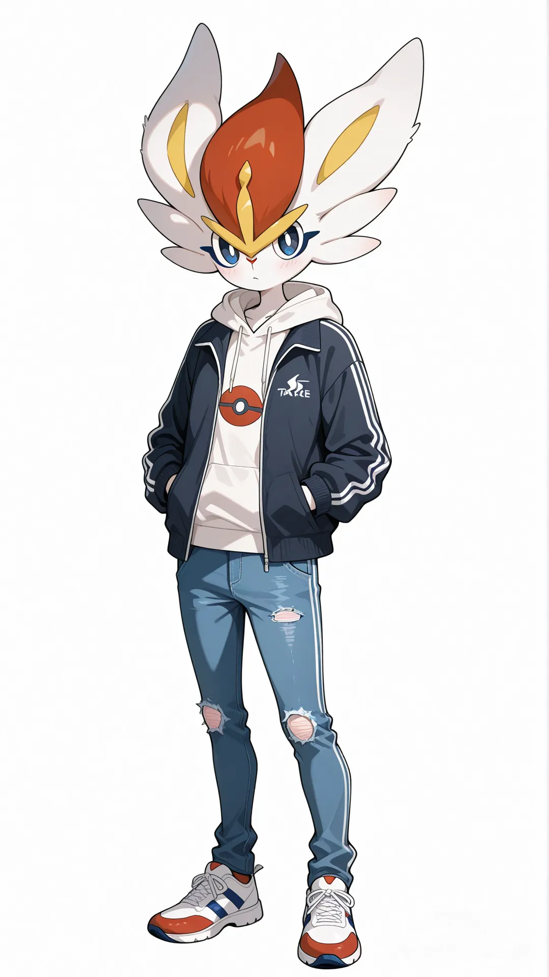 1boy, cinderace pokemon, blueeyes, teenager, slim, jeans, tracksuit, outdoor adventure jacket, hoodie, single character, full body, looking at viewer, anime style, simple background, white background