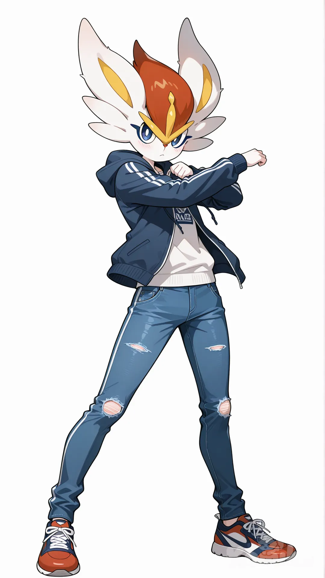 1boy, cinderace pokemon, blueeyes, teenager, slim, jeans, tracksuit, outdoor adventure jacket, hoodie, single character, full body, looking at viewer, anime style, simple background, white background