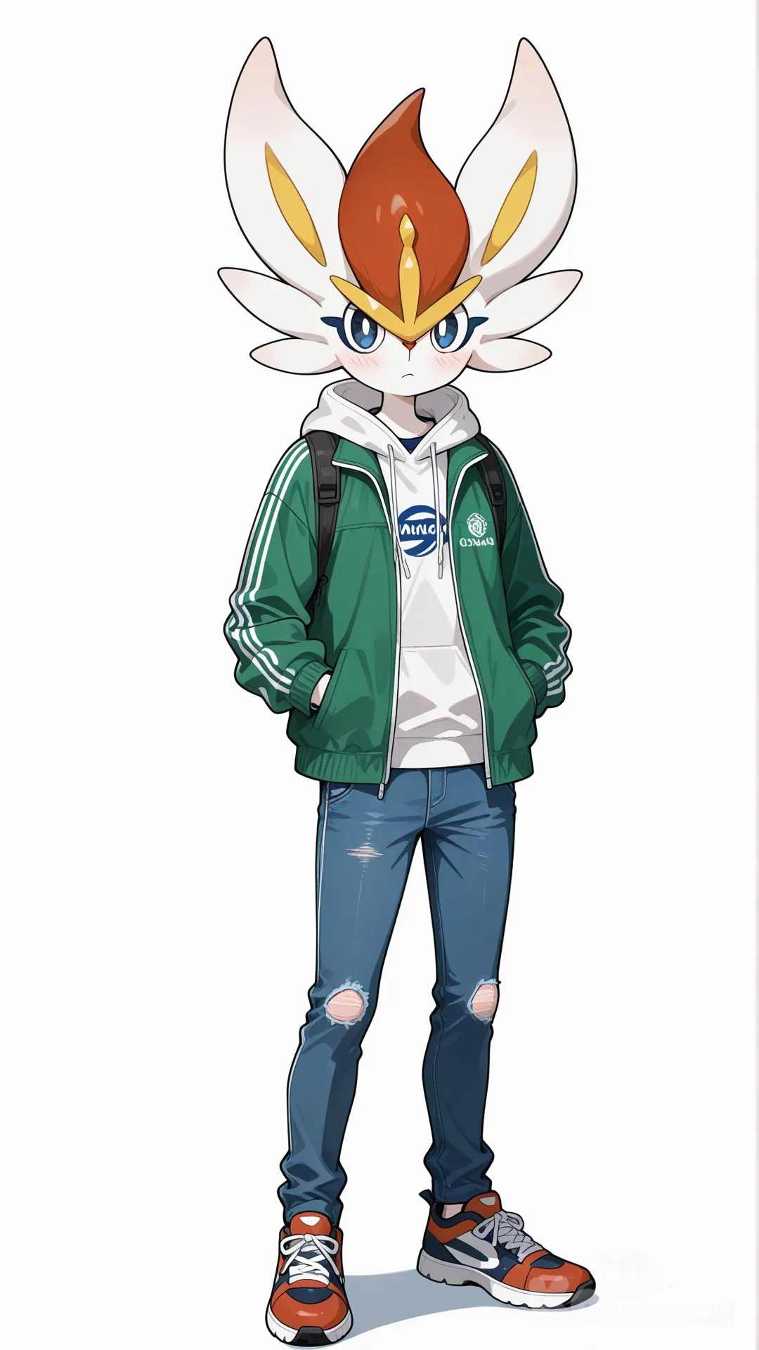 1boy, cinderace pokemon, blueeyes, teenager, slim, jeans, tracksuit, outdoor adventure jacket, hoodie, single character, full body, looking at viewer, anime style, simple background, white background