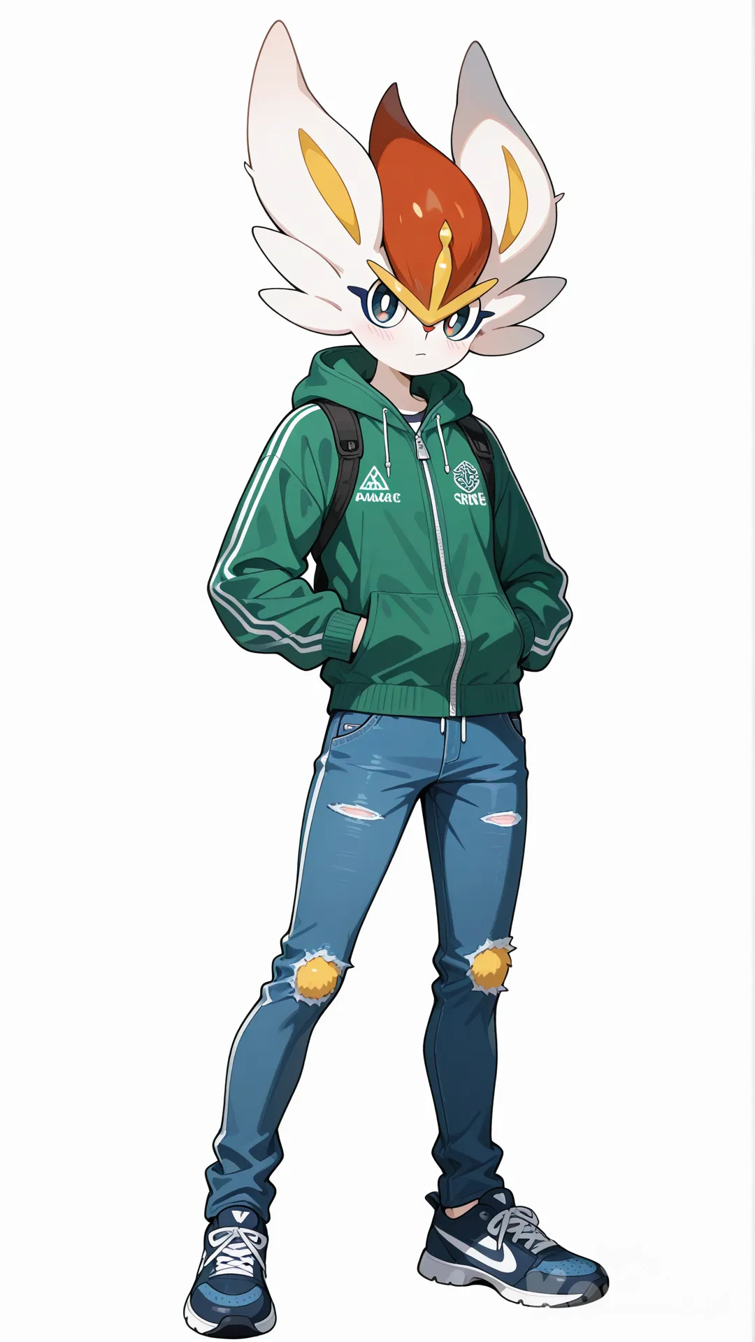 1boy, cinderace pokemon, blueeyes, teenager, slim, jeans, tracksuit, outdoor adventure jacket, hoodie, single character, full body, looking at viewer, anime style, simple background, white background