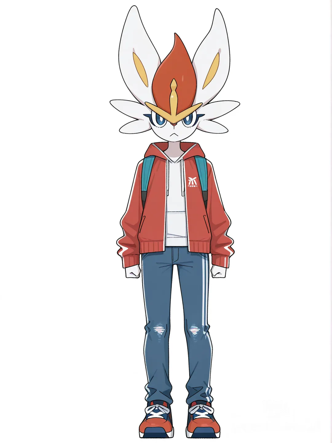 [toon-shaded-style] 1boy, cinderace_(pokemon), blue_eyes, teenager, slim, jeans, tracksuit, outdoor adventure jacket, hoodie, single character, full body, looking at viewer, anime style, simple background, white background