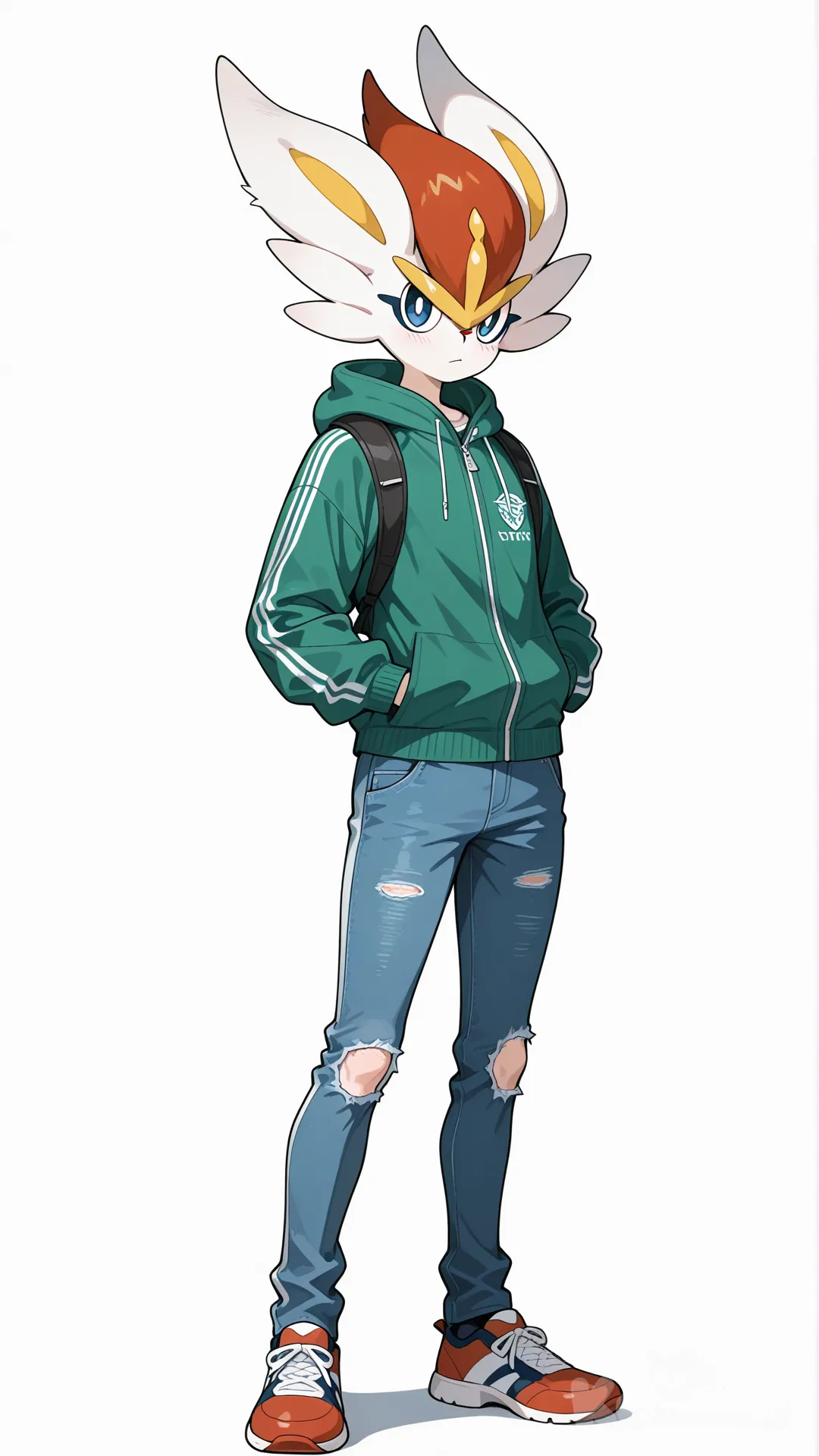 1boy, cinderace pokemon, blueeyes, teenager, slim, jeans, tracksuit, outdoor adventure jacket, hoodie, single character, full body, looking at viewer, anime style, simple background, white background