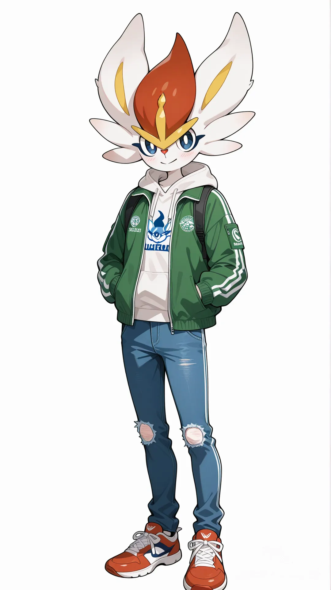 1boy, cinderace pokemon, blueeyes, teenager, slim, jeans, tracksuit, outdoor adventure jacket, hoodie, single character, full body, looking at viewer, anime style, simple background, white background