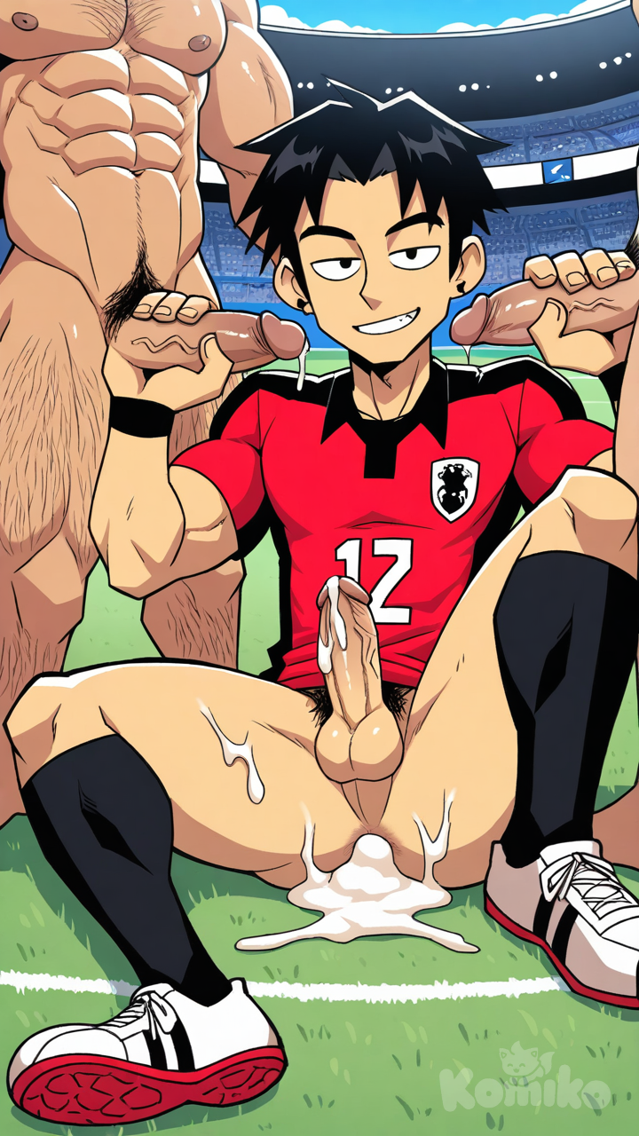 muscular, hairy body, hunk, bodybuilder, abs, masculine, bara, bulging muscles, thick thighs, broad shoulders, strong, mature, rugged, body hair, beefy, macho, manly, toned, powerful, well-built, brawny, ripped, shredded, chiseled, defined, athletic, fit, handsome, attractive, black hair, Muscular man, vibrant colors, high-resolution, epic atmosphere, seductive smile, uccow, curtained hair, tsukudani (coke-buta), suyohara, Ear piercing, solo focus, veiny penis, setz, Soccer stadium, penis grab, anus, Face of pleasure, sex from behind, anal, anal sex, full body, deep penetration, black raimon soccer uniform, male focus, solo male, cum on ass, cum overflow, cum on penis, cum on body, excessive cum, Hair pull, male penetrated, teamwork (sexual), oral sex, multiple boys, 5boys, sitting on person, hugging, curtained hair, yaoi, implied yaoi, comic, dialogue box