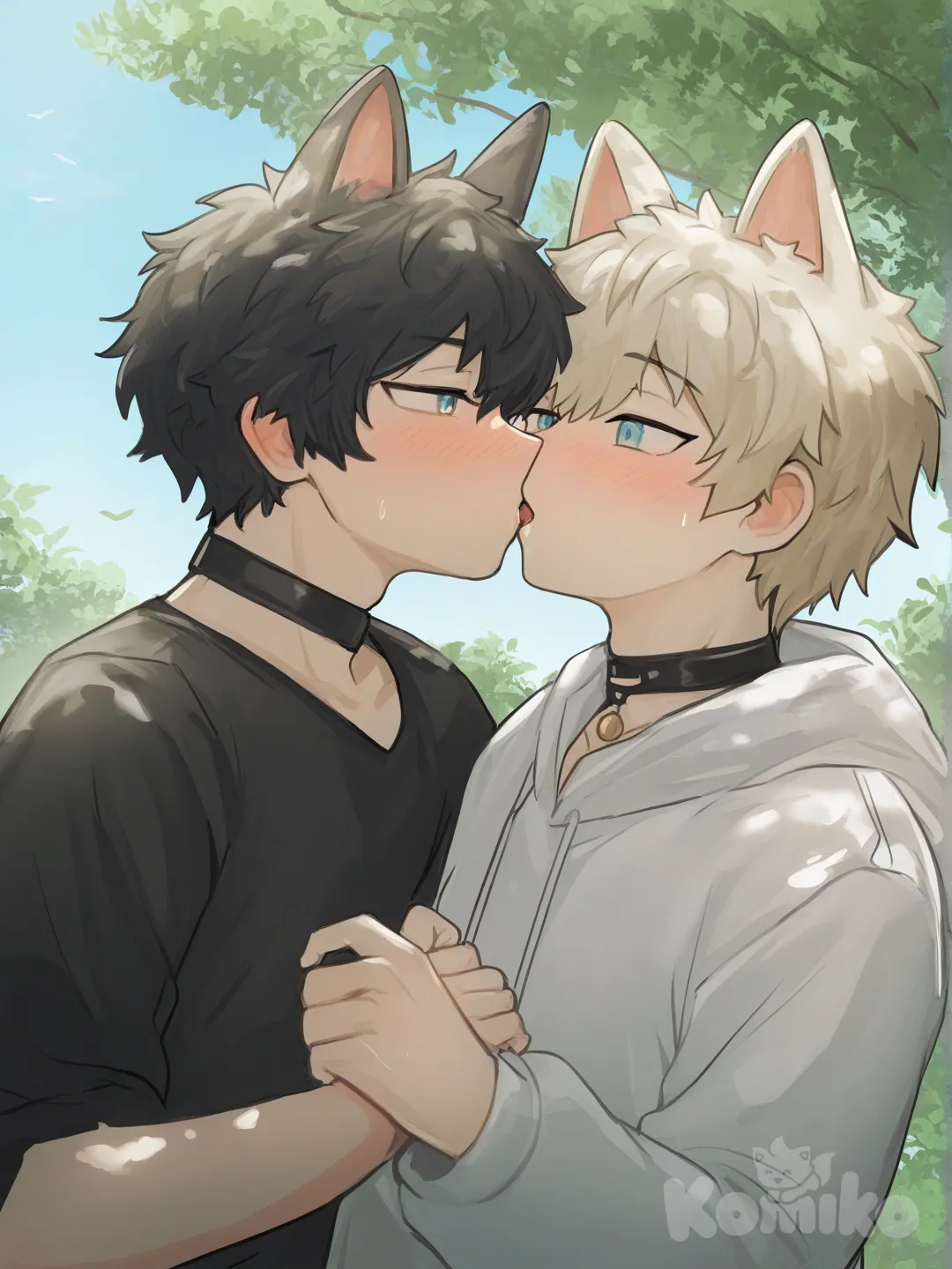 2boys, [soft-furry-style], kissing, choker, cat ears, day