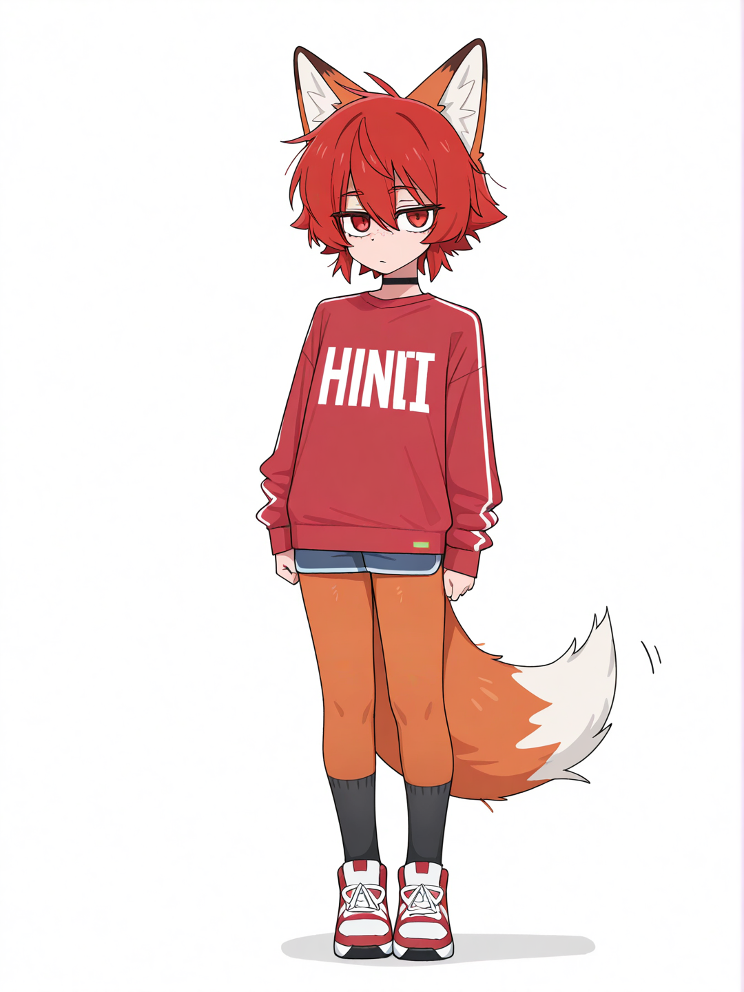 [toon-shaded-style] 1boy, fox ears, red hair, red eyes, freckles, fair skin, athletic build, teenager, furry, choker, single character, full body, looking at viewer, anime style, simple background, white background