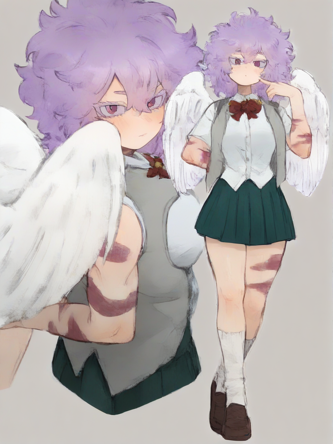 [soft-shaded-moe-style] 1girl, my hero academia, teenager, athletic, curvy, purple hair, large hair, purple eyes, scar, tattoo, school vest, pleated skirt, angel wings, single character, full body, looking at viewer, simple background, white background