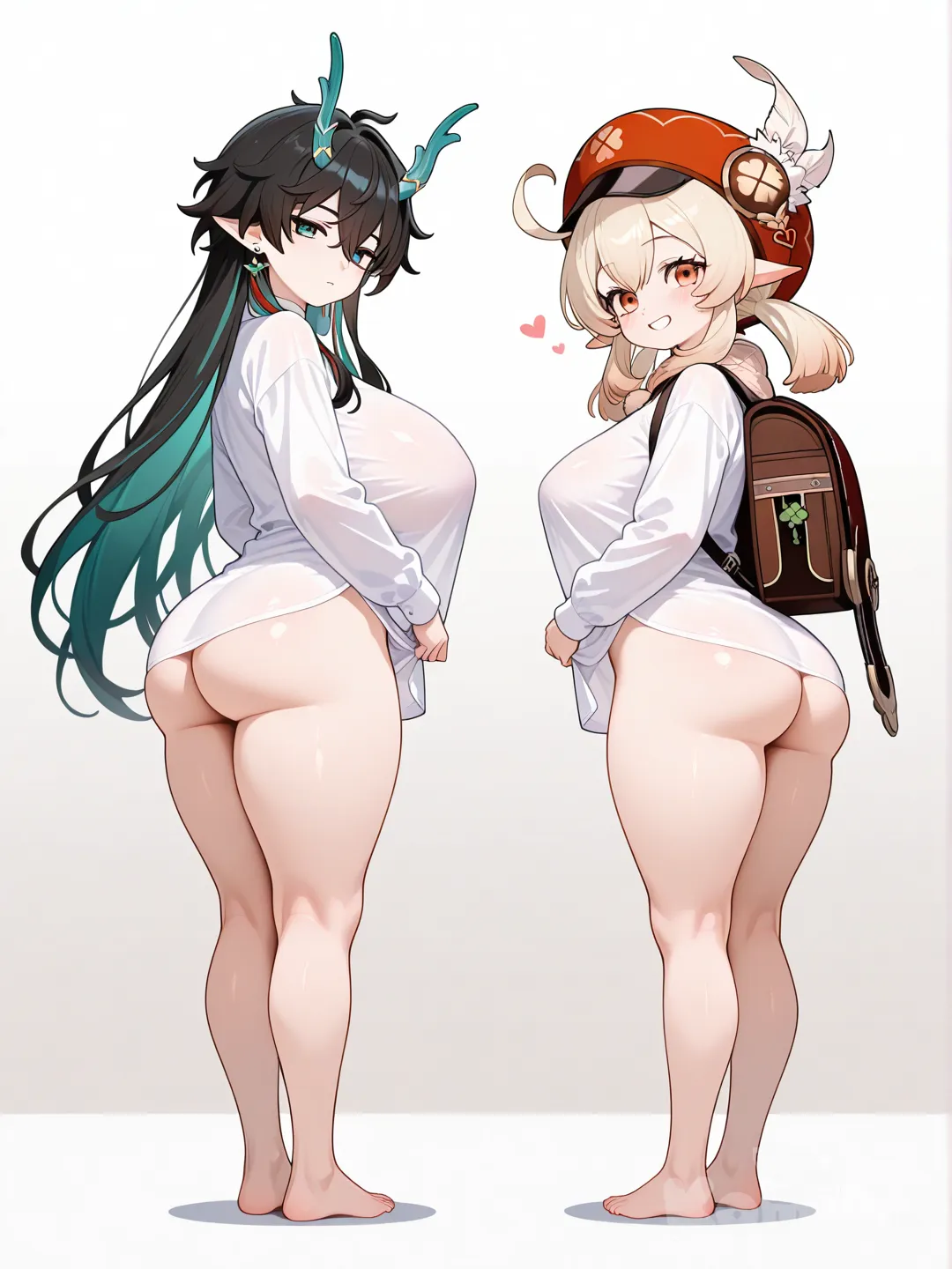 2girls, @Dan_Heng_(Honkai:Star_Rail), @Klee_(Genshin_Impact), full body, naked shirt, big ass