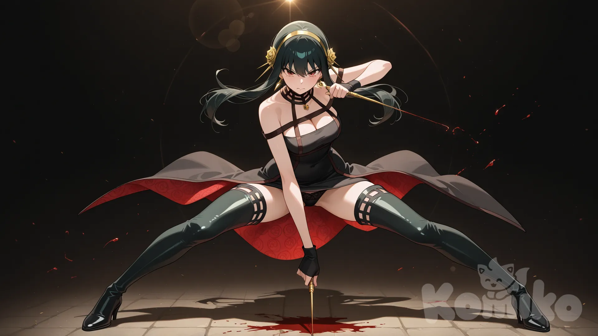 18+,
Yor Briar, spy x family, ojos rojos, solo, cabello negro, aretes conicos dorados, diadema dorada, adorno para el cabello, joyería, Agujas Doradas
camara lejos, con las piernas entre abiertas, bragas negras, sangre
outdoor, pose de batalla, enojada, fondo oscuro en penumbras, destellos de luz