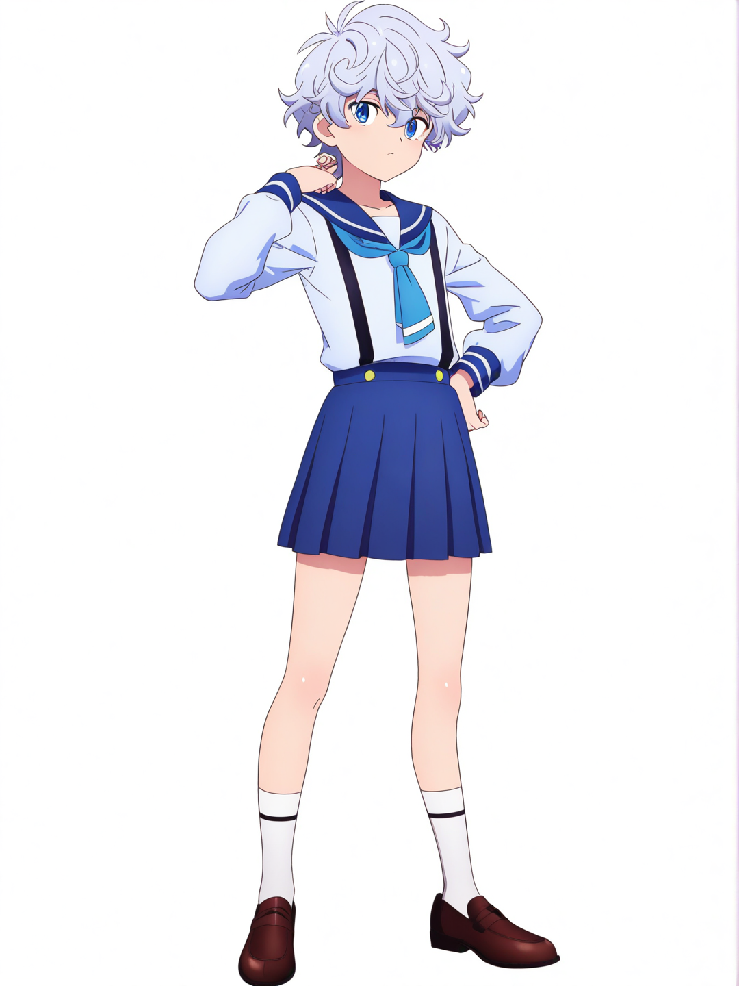 [pop-anime-style] 1boy, teenager, slim, tall, silver hair, curly hair, blue eyes, fair skin, school uniform, single character, full body, looking at viewer, anime style, simple background, white background