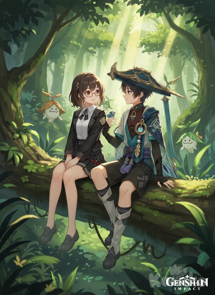 Persona de pelo corto de color cafe con mechas rubias con lentes con ojos de color cafe con ropa de color negra y blanca con zapatos de color gris en un bosque junto a un chico de pelo negro sentados en un tronco, anime style