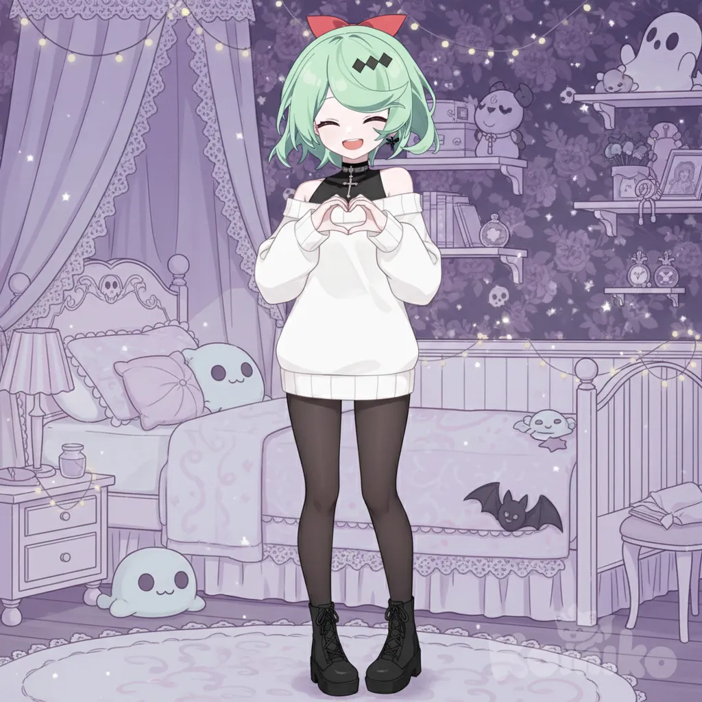A gothic and kawaii styled full-body illustration featuring a character making a heart shape with their hands, tilting their head, smiling, and winking. The character is dressed in a white sweater paired with black tights., anime style