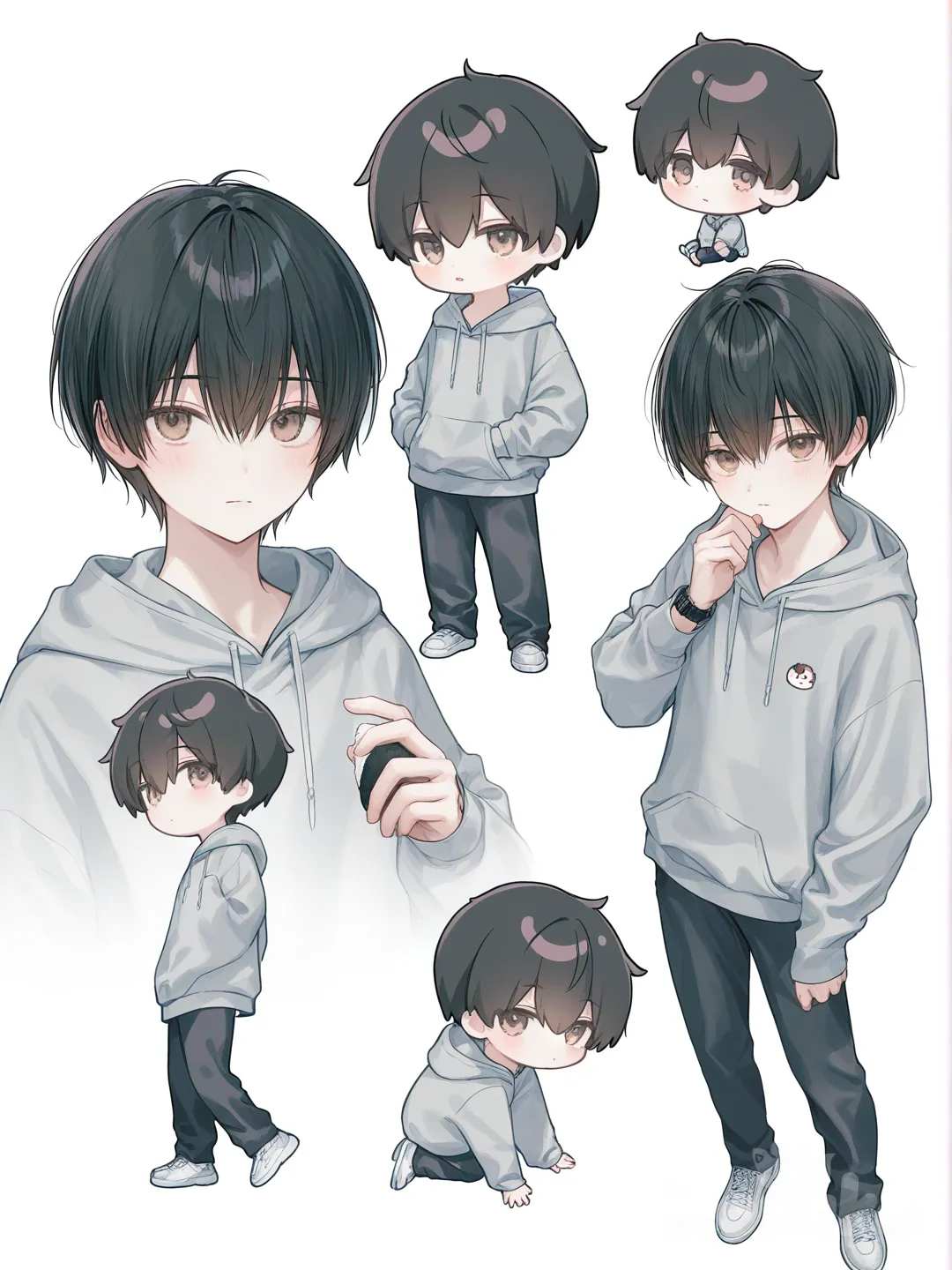 [soft-pastel-style] 1boy, chibi, child, athletic, black_hair, straight_hair, short_hair, brown_eyes, fair_skin, onigiri_(brand), grey_hoodie, casual_pants, digital_watch, single character, full body, looking at viewer, anime style, simple background, white background