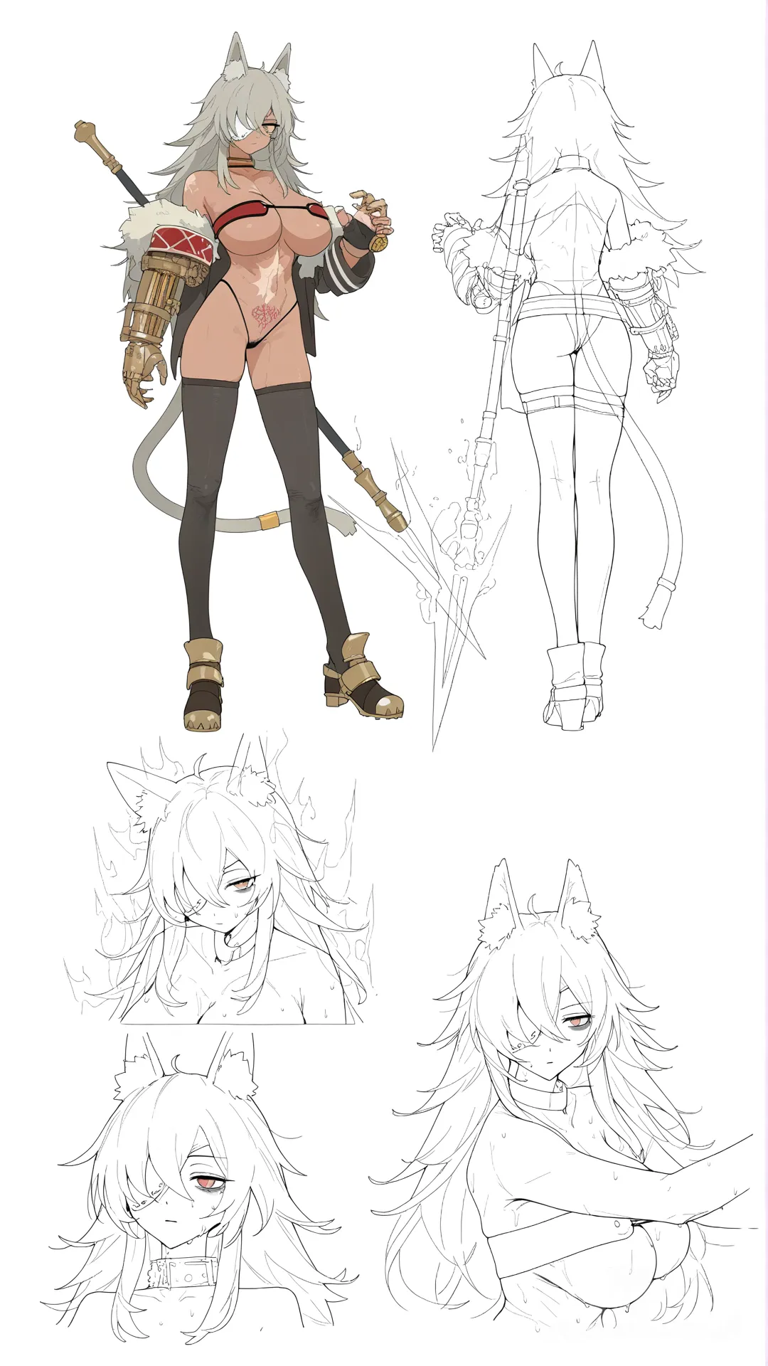 Create a character design sheet featuring a teenage anime-style female character wearing a Arjuna(Fate) clothes , black thigh-high socks ,steampunk shoes , with an optional an accessory. Keep her hairstyle, facial features, and body proportions consistent with the original reference character. Include full-body front, side, and back views showing the updated Arjuna(Fate) clothes , a close-up of the face with a neutral expression, labeled outfit detail sections for the Arjuna_(Fate) clothes , socks , shoes , a color palette for hair, skin, and uniform elements, and pose references including an idle stance and a light action pose such as walking with the steampunk robot arm. Style should be clean and professional anime with crisp line art and soft cel-shading on a neutral background, using even studio lighting and an organized reference-sheet layout., sideboob, expressionless , white hair, ghost pose, sportswear, tall female, milf , sweat , steampunk watch, steampunk fox ears, ivory white , chest tattoo, breast tattoo, white hair, steampunk robot leg , tattoo, pubic tattoo, red tattoo , white background , full hd , Beautiful face , tall girl , small face, fire aura effect , energy ball, huge breasts , dark skin , Dark circles around the eyes , wear a steampunk collar , steampunk thunder spear, steampunk gauntlet , Hachishaku sama, [vibrant-anime-style] , thunder effect aura, Ghislaine Dedoldia