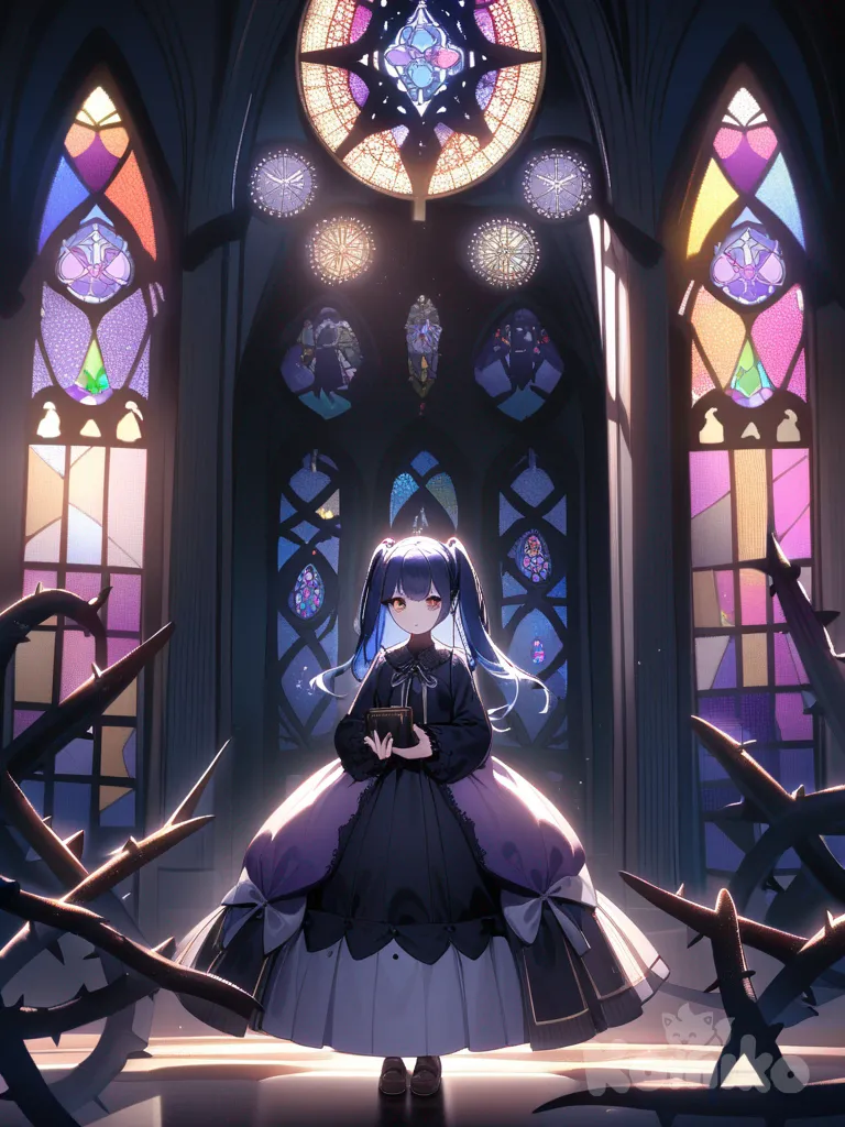 A girl with black and blue hair, two ponytails and black ribbons, a gothic white and purple dress, and golden eyes., loafers, ribbons on her hands, and a black book with gold corners. She stands in a room facing the gentle sunset, a Gothic space with stained-glass windows, crosses, and thorns all around. The view is not top-down.
