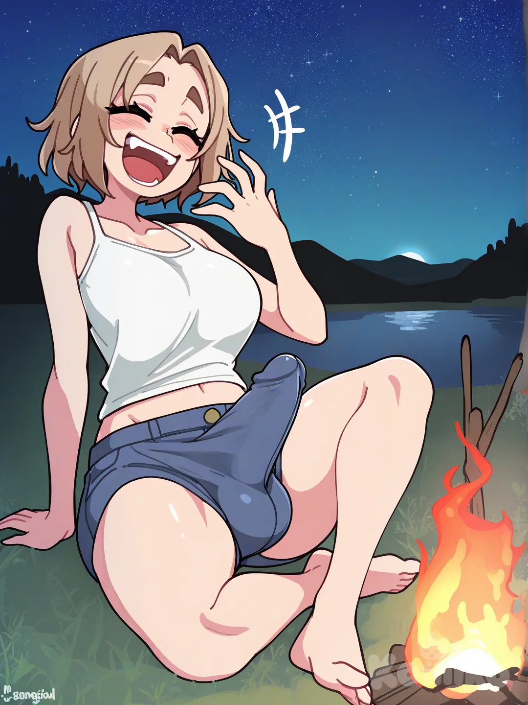futanari bulge, médium dick, sitting near a campfire by the lake , full body, [clean-lines-style], night, laughing