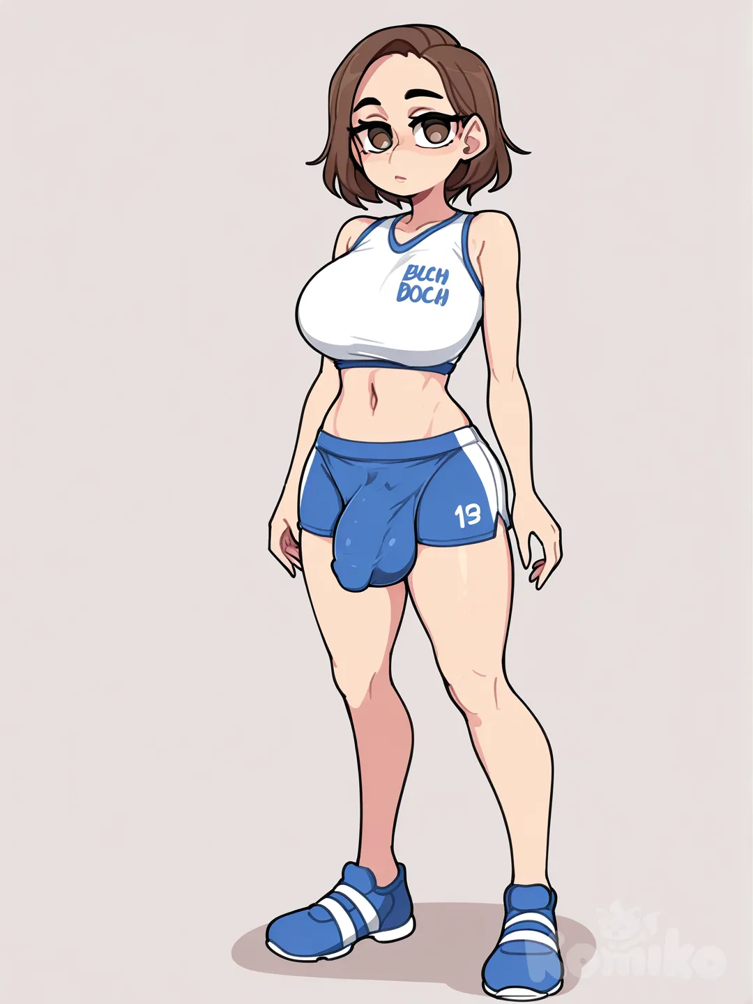 futanari bulge, médium dick, [clean-lines-style] , crop top , coach , full body