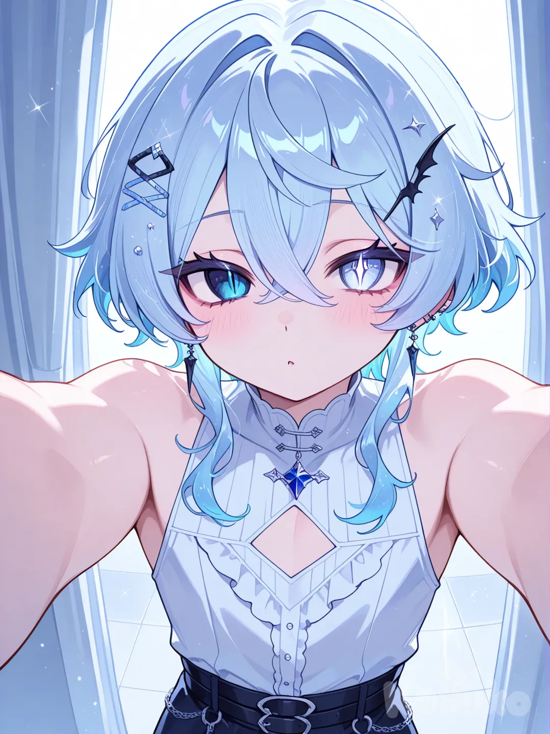 A male with a feminine body, teenager different color eye and different shaped pupils, light blue hair, hair accessory