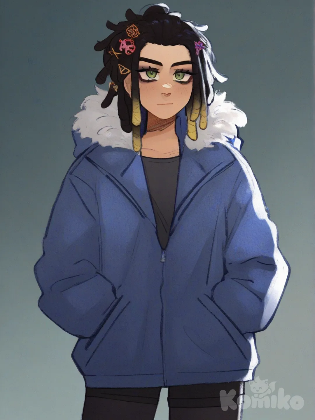 hands in pockets, hair accessory, dreadlocks, [soft-shaded-moe-style], navy blue