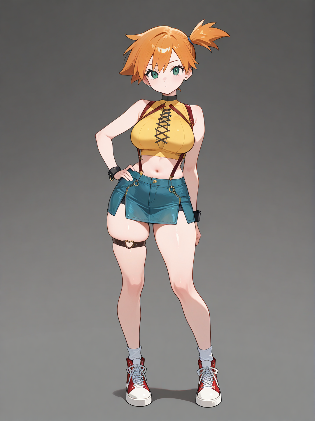 @Misty_(Pokemon), cross-laced top, large breasts, miniskirt, full body