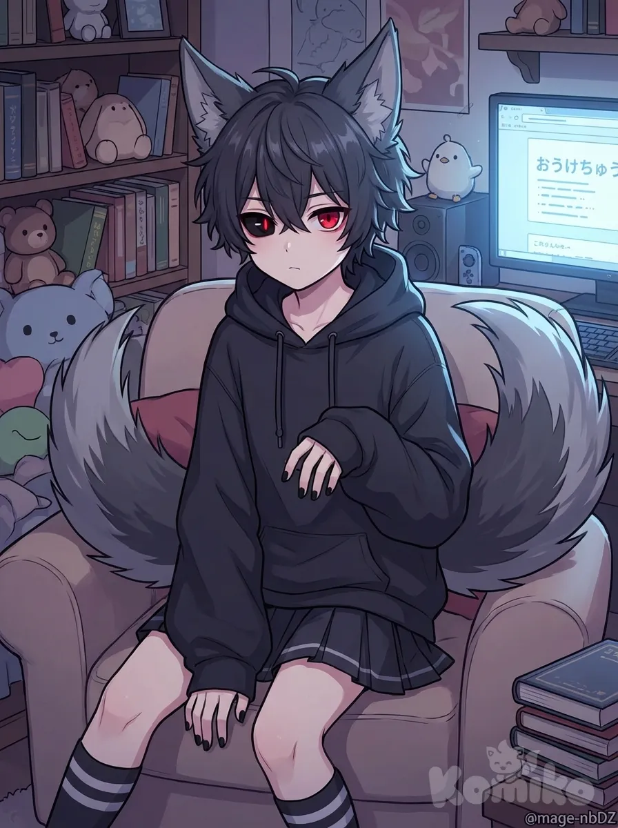 Femboy, black nails, left eye has a black sclera and red iris while the right eye is a normal red, wide hips, wolf ears, wolf tail, small penis, petite, @mage-nbDZ , anime style