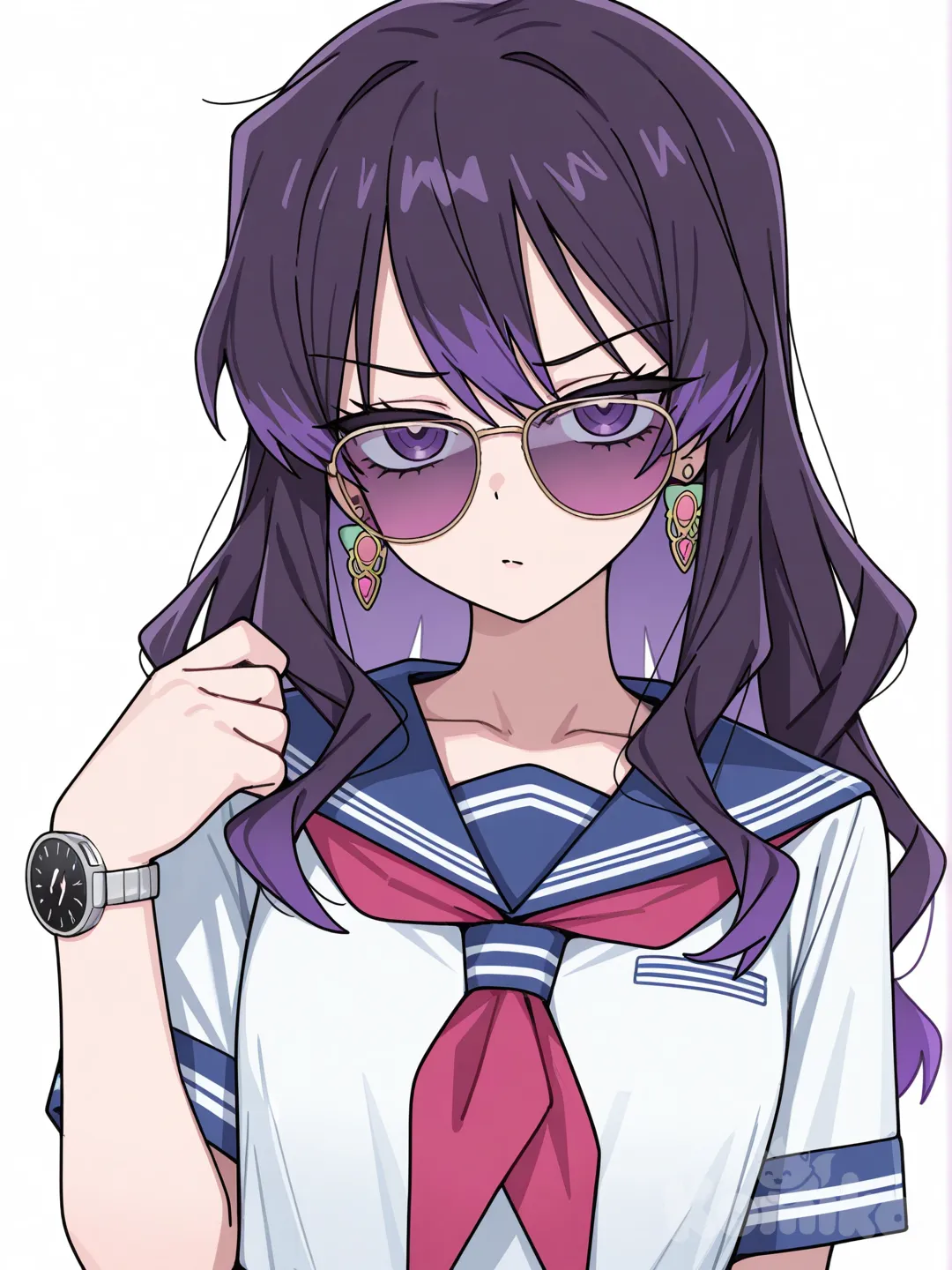 [toon-shaded-style] 1girl, demon slayer style, teenager, slim, curvy, purple_hair, wavy_hair, long_hair, purple_eyes, dimples, fair_skin, school_uniform, lace, sunglasses, earrings, digital_watch, hair_accessory, single character, upper body, looking at viewer, simple background, white background