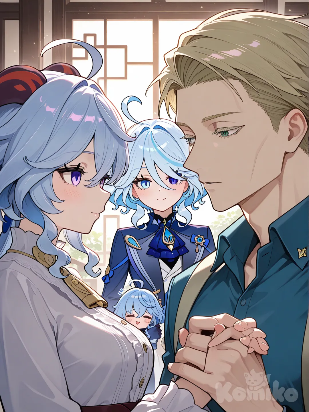 2boys, 2girls, @Furina_(Genshin_Impact), @Ganyu_(Genshin_Impact), @Gojou_Satoru, @Nanami_Kento