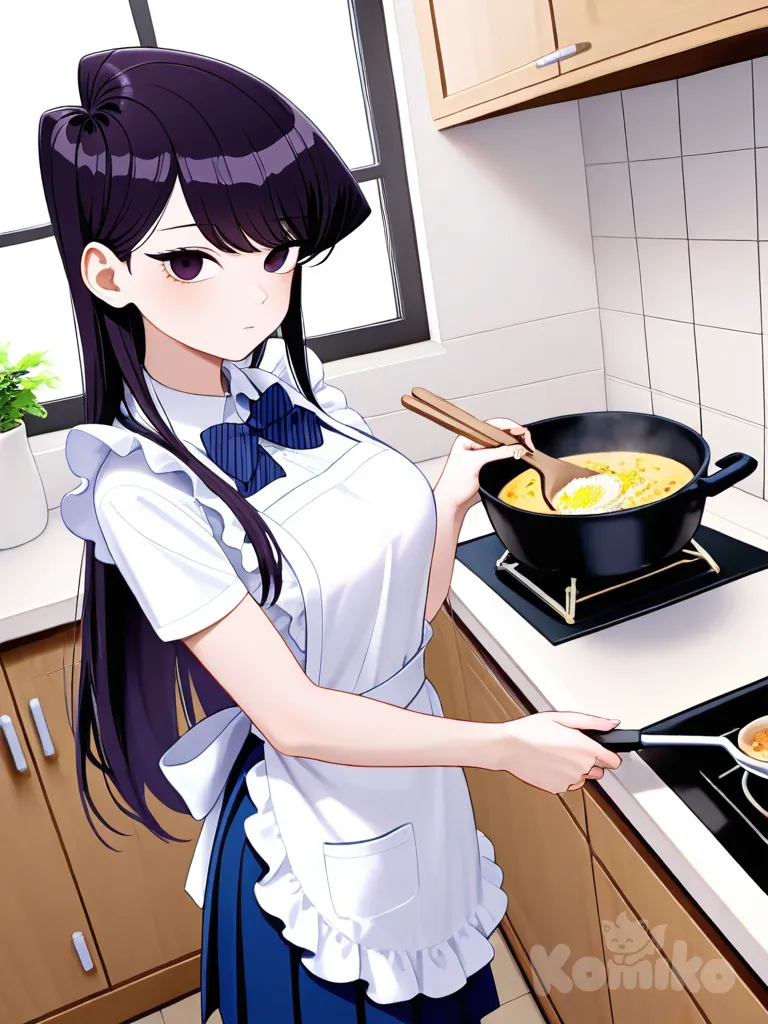 komi shouko, white apron, cooking