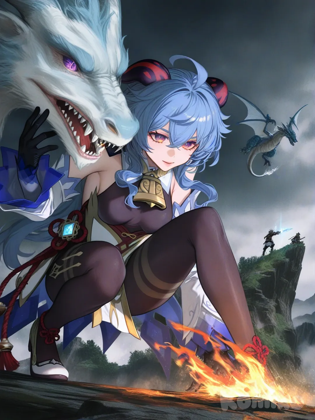 [semi-realistic-portrait-style], @Ganyu_(Genshin_Impact) buat ganyu sedang melawan naga