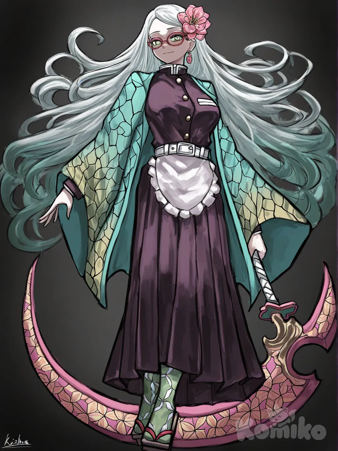 [sketchy-painterly-style] 1girl, Demon Slayer style, original character in the world of Demon Slayer, teenager, Aged 18 years old, slim, short,Kinda Skinny, white hair, Pastel blue hair, Pastel green hair, green eyes, pink eyes,Flower shaped pupils, straight hair, side-parted hair,Messy curly bangs, fair skin,Demon slayer Uniform,Hashira Uniform,Flower themed pink,white,and blue patterned haori, apron,Demon slayer styled, earrings, necklace,Flower in hair, glasses, knee-high socks flower pattern socks, earth bracelet, choker,Pose,Hashira,holding flower themed Scythe,Long hair,Flower geta,Oversized uniform,Extremely long sleeves,Long skirt,Uniform color: dark aqua.