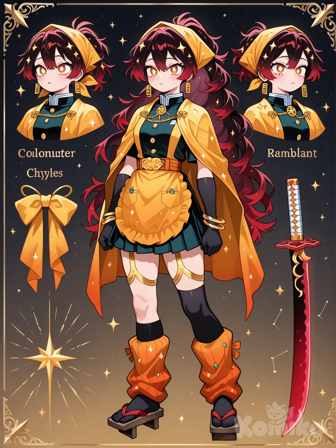 1girl, My Hero Academia style, original character in the world of My Hero Academia,Oc, teenager, age 19 years old, slim, short,Dark red hair, black hair, maroon hair, short hair, curly hair,Messy curls,Messy bangs, Curly side parts,Very long lower ponytail curly, orange eyes,Sparkle eyes,Glowing eyes,Sparkle hair,Glowing hair,Star hair clip,Cute red small eyebags, fair skin, Demon slayer uniform,Star themed cape , apron, Leg warmers, black arm warmers,Geta, necklace, earrings, bracelets , knee-high socks, headscarf,Sparkle character sheet,Palette: Deep red with gold sparkles
Shape: Long shawl wrapped around her shoulders twice, draping in the back
Design:

Gold glitter dust scattered across the whole shawl.

Orange and yellow star clusters placed in constellations.

Ends of the shawl have triangular star
Eff ooks like a shower of stars trailing behind her.Shape: Long shawl that wraps once around the neck and flows behind her.

Sparkle Details:

Bottom half dusted with shimmering powder-like sparkles (think Kirara from Demon Slayer’s Twilight Sets).

When she moves, it looks like stardust drifting off.Deep red uniform, fitted

Yellow-orange gradient along the sleeves and sides

Gold zipper or gold decorative seam down the front

Design Accents:

Legs have long comet trail lines in gold

Small star clusters around the hips or near the ankles

Gloves with starburst patterns on the palms

Vibe: Speed-focused, glowing comet theme.Matte red blade with thin gold constellation lines engraved along the flat sides

Each star point is a tiny raised gold dot

Patterns glow when she fights 
_____________________________________
Star hashira