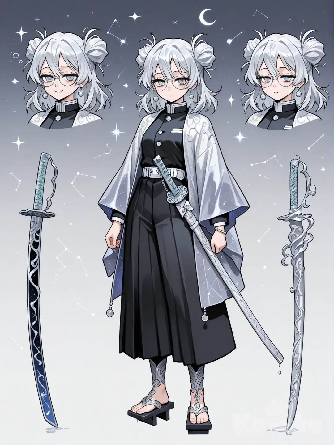 1girl, Demon Slayer style, original character in the world of Demon Slayer, teenager,17 years old, slim, short, athletic, gray hair, white hair, silver hair,Messy hair,Messy bangs, medium hair , side-parted hair, gray eyes, fair skin,demon slayer uniform , apron, earrings, necklace, choker, glasses, bracelet,“Moonlit Nebula” Cloak
Cape / Cloak
Type: Full flowing cloak
Design Blend: Liquid Metal Gradient + Moonlit Nebula + Moon & Droplet Cloak
Deep gray at the top fading into shimmering silver-white at the bottom, like dripping mercury.
Soft nebula-like swirls across the fabric giving a cosmic glow.
Large silver crescent moon on the back surrounded by tiny star-like sparkles.
Subtle mercury droplet motifs near the hem.
Moves like flowing moonlit mist.
Uniform
Base: Mix of Mercury-Lined Standard Uniform + Moon Guard Uniform
Charcoal gray Demon Slayer jacket with clean silver-white lining on collar, sleeves, and seams.
Crescent moon shoulder embroidery.
Side panels stitched with subtle flowing mercury patterns.
Glossy white interior lining resembling quicksilver.
Jacket buttons engraved with moon or droplet symbols.
Overcoat Layer (Chosen Extra Layer)
Nebula-Split Coat
Mid-calf length with very high side slits for full movement.
Gradient from dark gray → soft white.
Nebula swirls across the lower half in silver-white mist patterns.
Small crescent moon motifs embroidered at the top of each slit.
Lightweight and airy, flowing like stardust when she moves.
Silver trim on all edges for a mercury sheen.
Logos / Emblem
Star Map Crest
A constellation-like pattern with tiny silver dots connected by thin lines.
Appears on:
chest of uniform
back of jacket (under coat/cloak)
geta accents
sword wrap or sheath
Represents her cosmic precision and celestial aesthetic.
Pants
Mercury Flow Pants
Standard Demon Slayer trousers (she hates skirts).
Dark gray with a slender silver line running down each leg.
Small droplet detail near the ankle.
👡 Footwear
Silver-Mist Geta
Charcoal gray wooden base.
Soft white straps with faint silver sparkle threading.
Tiny crescent moon charm on one strap.
Minimalist yet celestial.
💫 Hairstyle
Messy High Half-Bun
Top half tied into a loose, messy bun.
Bottom half left down in soft, tousled strands.
Sleepy, airy, slightly chaotic — perfect for someone who naps a lot.
Wispy side strands frame her face like tiny comet trails.
🌙💤 Overall Aesthetic
A perfectly unified blend of:
Moonlight + Mercury Fluidity
Cosmic Nebula Textures
Gray/White Monochrome Harmony
Soft, sleepy elegance mixed with otherworldly beauty
Practical Demon Slayer mobility (no skirts, high slits, layered clothing)
Suigin Tsuki’s design feels ethereal, liquid, and celestial — a warrior who looks like she stepped out of moonlit stardust.
Long slit skirt that slit on both sides on both sides over the pants.
________________________
Character Sheet, Multiple Expressions,Weapons, Etc.